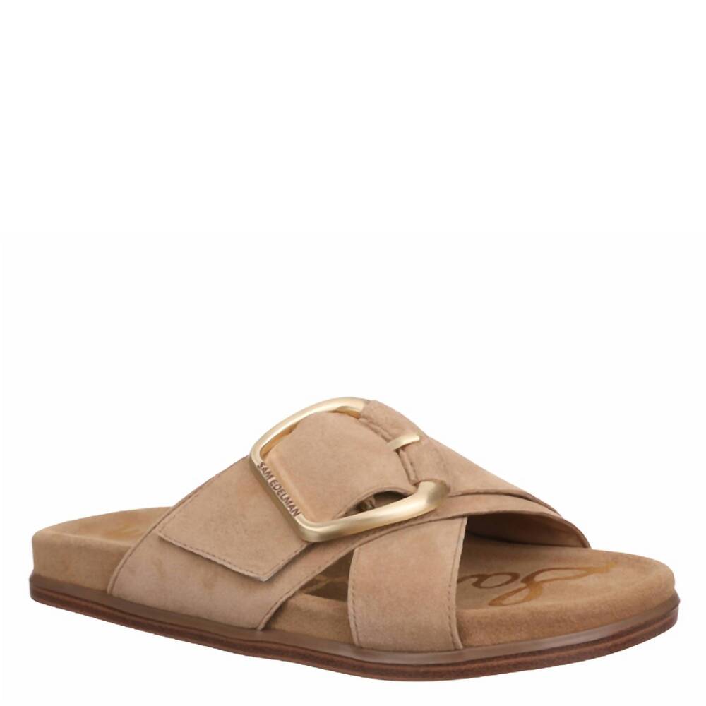Sam Edelman Beige Suede Slide Sandals with Gold Buckle